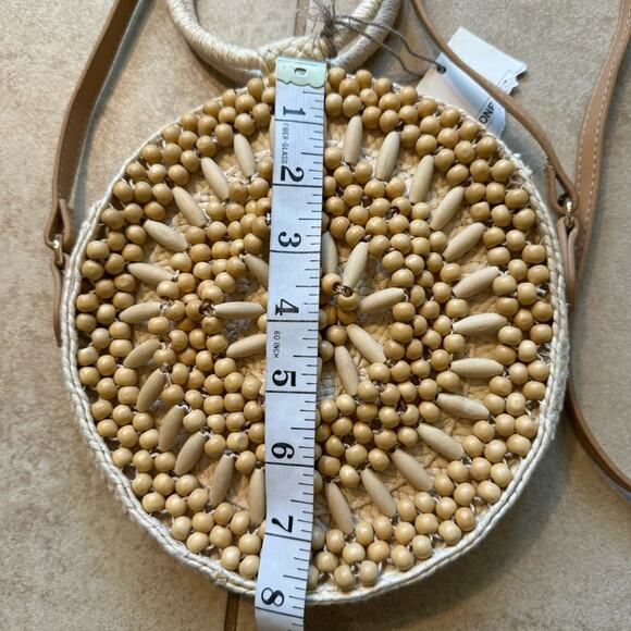 A New Day Boho Round Crossbody Handle Bag Beaded Straw Neutral Tan Purse - Picture 3 of 8